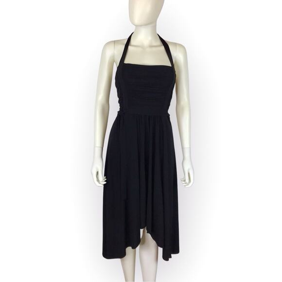 BCBGMaxAzria Black Halter Dress Ruched Stretchy High Low Little Black Dress - Picture 1 of 8